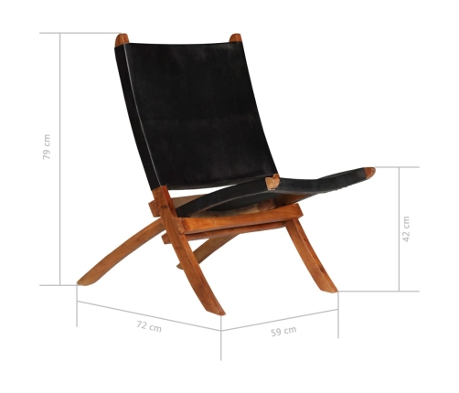 Silla de relax plegable de cuero auténtico negro