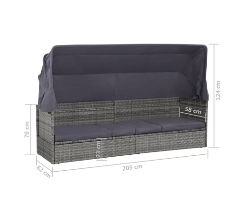 Cama de jardín con toldo 205x62 cm ratán sintético gris