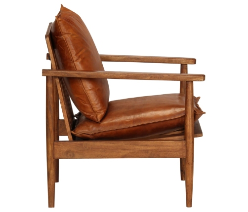 Sillón de cuero auténtico marrón con madera de acacia