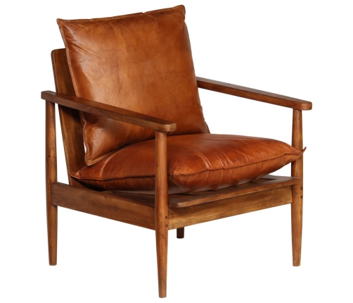 Sillón de cuero auténtico marrón con madera de acacia