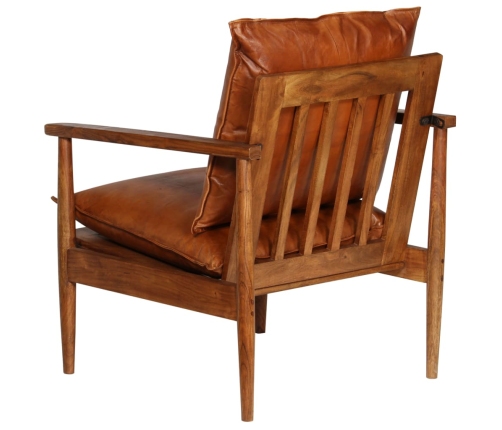 Sillón de cuero auténtico marrón con madera de acacia