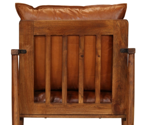 Sillón de cuero auténtico marrón con madera de acacia