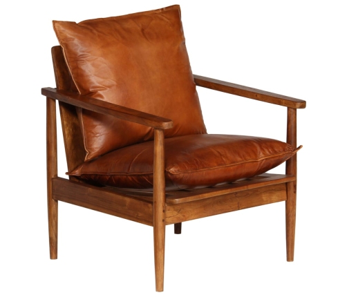 Sillón de cuero auténtico marrón con madera de acacia