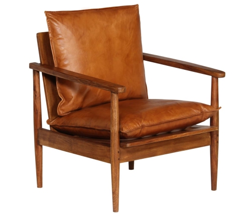 Sillón de cuero auténtico marrón con madera de acacia