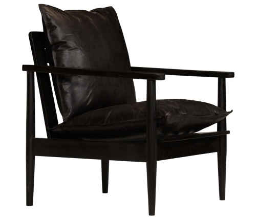 Sillón de cuero auténtico negro con madera de acacia