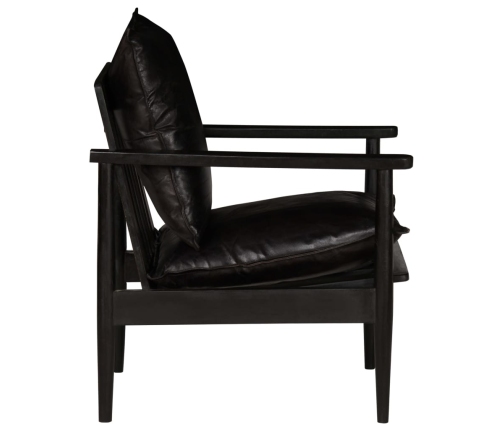 Sillón de cuero auténtico negro con madera de acacia