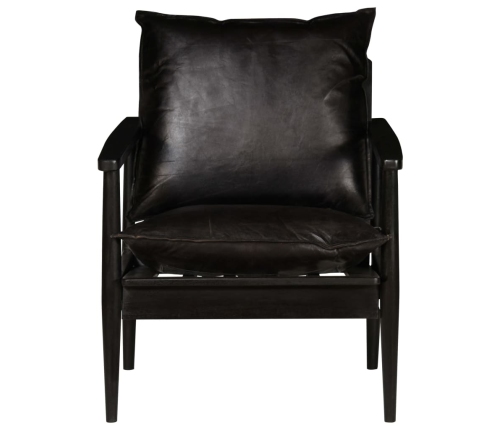 Sillón de cuero auténtico negro con madera de acacia