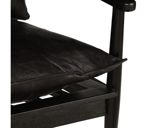 Sillón de cuero auténtico negro con madera de acacia