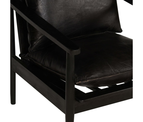 Sillón de cuero auténtico negro con madera de acacia