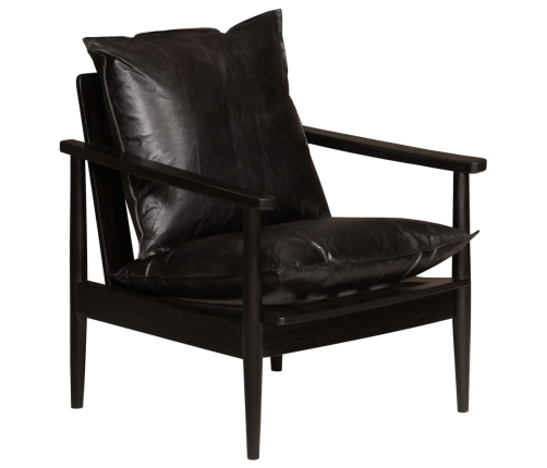 Sillón de cuero auténtico negro con madera de acacia