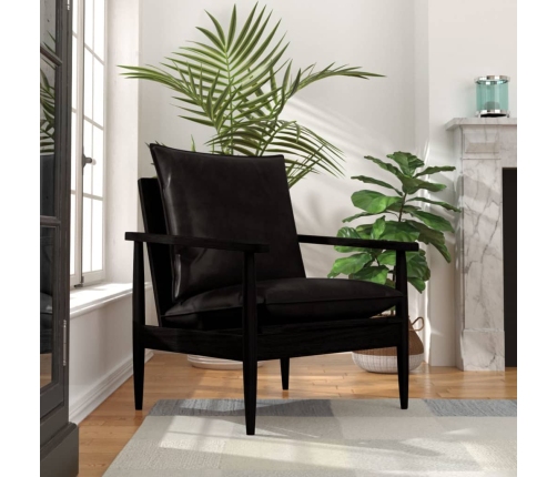 Sillón de cuero auténtico negro con madera de acacia