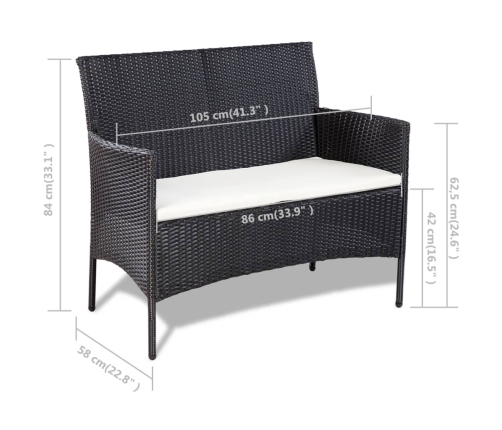 Set de muebles de jardín 4 pzas y cojines ratán sintético negro