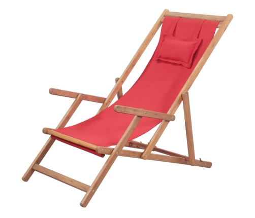 Silla de playa plegable de tela y estructura de madera roja