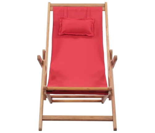 Silla de playa plegable de tela y estructura de madera roja