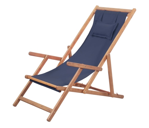 Silla de playa plegable de tela y estructura de madera azul