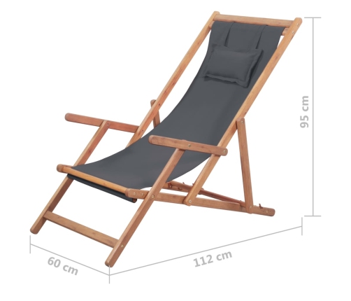 Silla de playa plegable de tela y estructura de madera gris