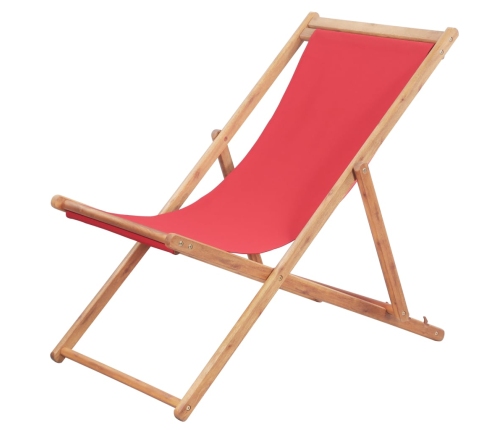 Silla de playa plegable de tela y estructura de madera roja