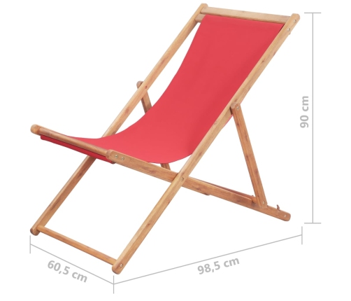 Silla de playa plegable de tela y estructura de madera roja