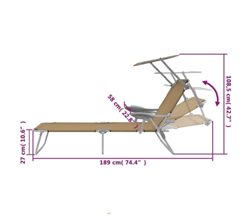 vidaXL Tumbona plegable con toldo de acero taupé