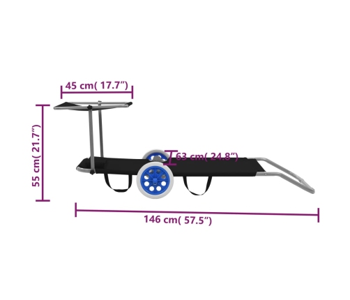 Tumbona plegable con toldo y ruedas acero negra