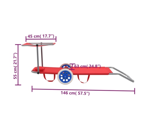 vidaXL Tumbona plegable con toldo y ruedas acero roja