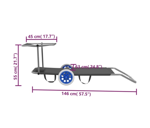 vidaXL Tumbona plegable con toldo y ruedas acero gris