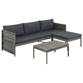 Set de muebles de jardín 3 pzas y cojines ratán sintético gris