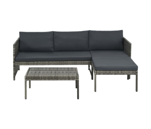 Set de muebles de jardín 3 pzas y cojines ratán sintético gris