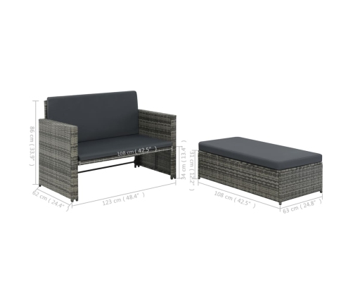 Set de muebles de jardín 2 pzas y cojines ratán sintético gris