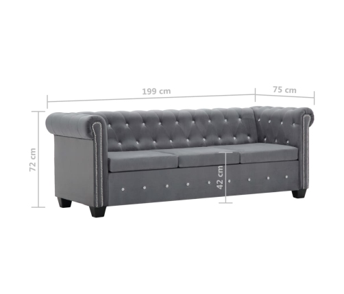 Sofá chesterfield de 3 plazas de terciopelo 199x75x72 cm gris