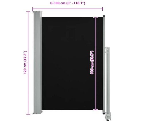 Toldo lateral retráctil para patio 120x300 cm negro