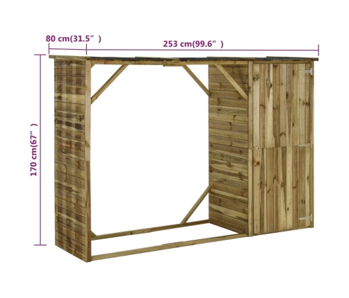 Caseta leña y herramientas jardín madera pino 253x80x170 cm