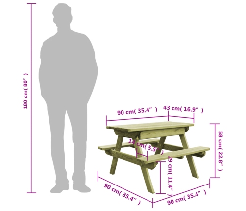 vidaXL Mesa de pícnic y bancos niños madera pino impregnada 90x90x58cm