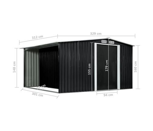 Cobertizo jardín puertas correderas acero gris 329,5x312x178 cm