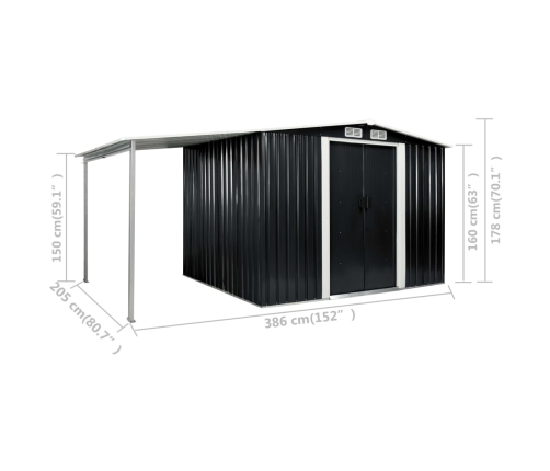 Cobertizo jardín puertas correderas acero gris 386x205x178 cm