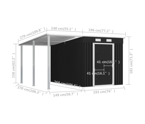 Cobertizo jardín con tejado extendido acero gris 336x270x181 cm
