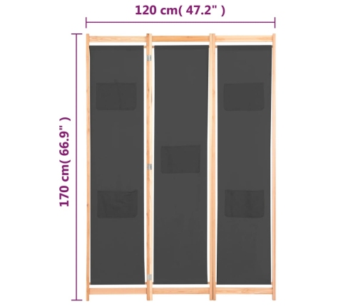 Biombo divisor de 3 paneles de tela gris 120x170x4 cm