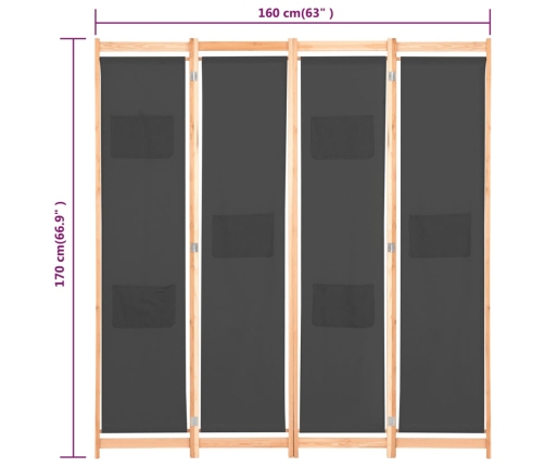 Biombo divisor de 4 paneles de tela gris 160x170x4 cm