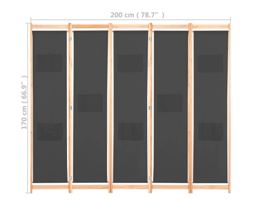 Biombo divisor 5 paneles de tela gris 200x170x4 cm