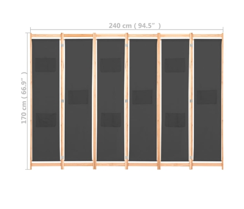 Biombo divisor de 6 paneles de tela gris 240x170x4 cm