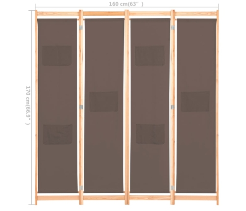 Biombo divisor de 4 paneles de tela marrón 160x170x4 cm