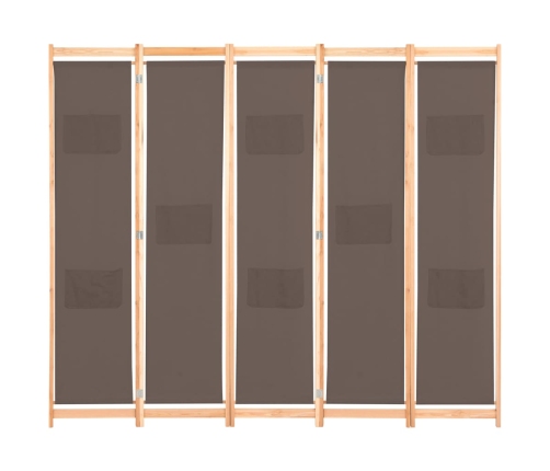 Biombo divisor de 5 paneles de tela marrón 200x170x4 cm