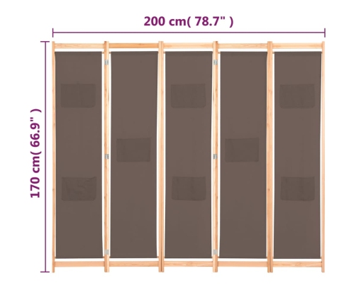 Biombo divisor de 5 paneles de tela marrón 200x170x4 cm