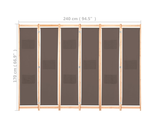 Biombo divisor de 6 paneles de tela marrón 240x170x4 cm