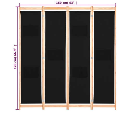 Biombo divisor de 4 paneles de tela negro 160x170x4 cm