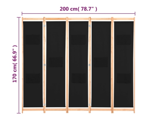 Biombo divisor de 5 paneles de tela negro 200x170x4 cm