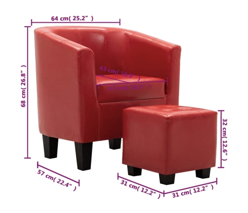 Sillón con diseño de cubo con reposapiés cuero sintético rojo