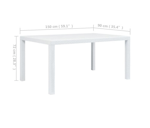 vidaXL Mesa de jardín plástico aspecto de ratán blanco 150x90x72 cm