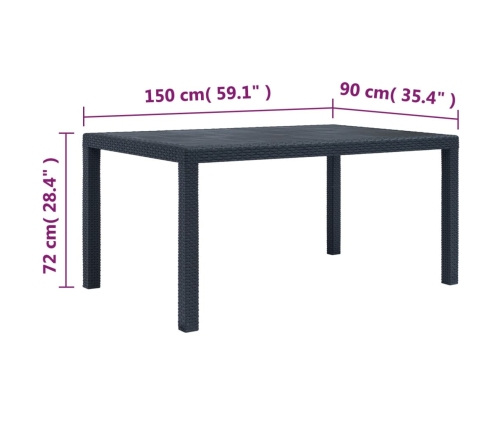 vidaXL Mesa de jardín de plástico aspecto ratán gris 150x90x72 cm