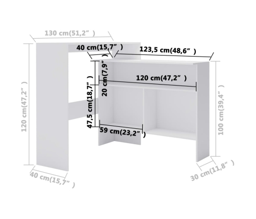 Mesa de bar con 2 tableros blanca 130x40x120 cm